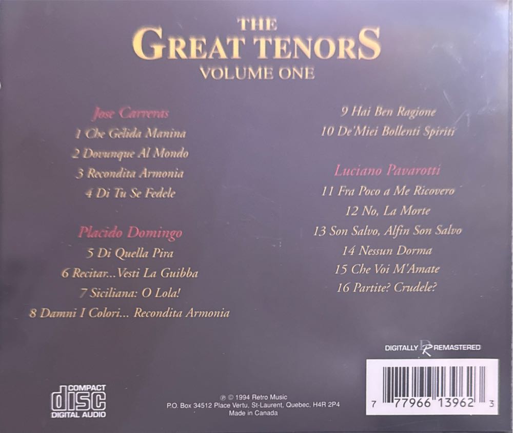The Great Tenors-Volume One - The Three Tenors (CD) music collectible [Barcode 777966139623] - Main Image 2