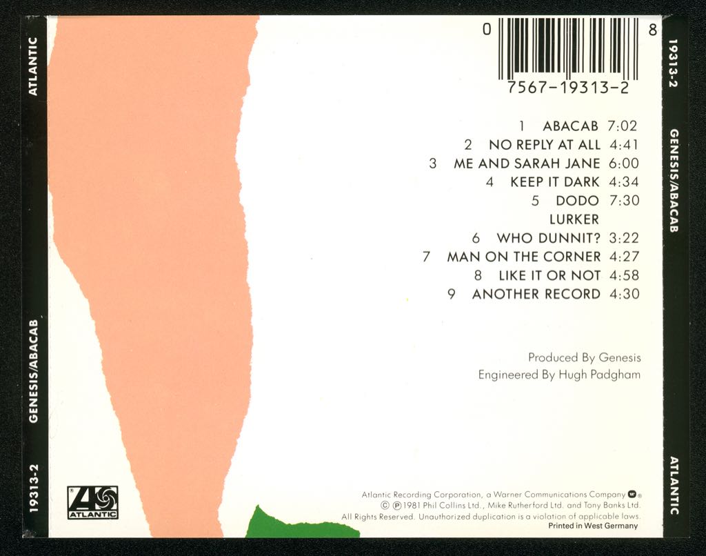 Abacab - Genesis (CD - 47:10) music collectible [Barcode 042280004422] - Main Image 2