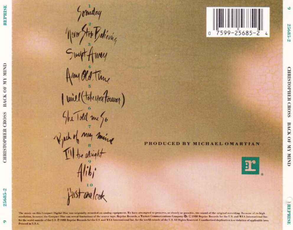 Back Of My Mind - Cross, Christopher (CD) music collectible [Barcode 075992568524] - Main Image 4