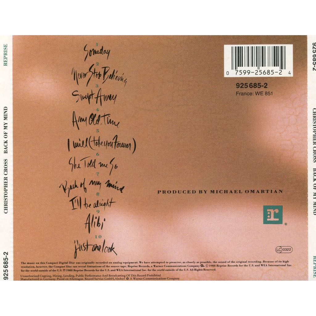 Back Of My Mind - Christopher Cross (12”) music collectible - Main Image 2