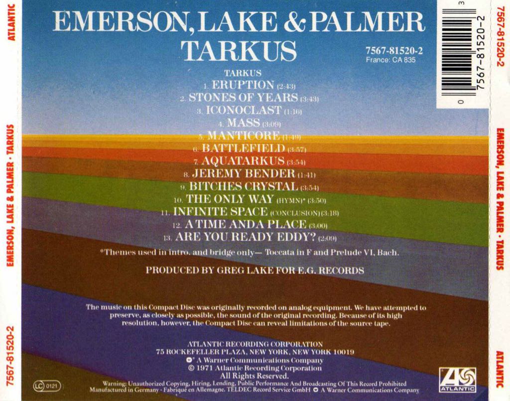 Tarkus - Emerson, Lake & Palmer  ‎ (CD - 39) music collectible [Barcode 075678152023] - Main Image 2
