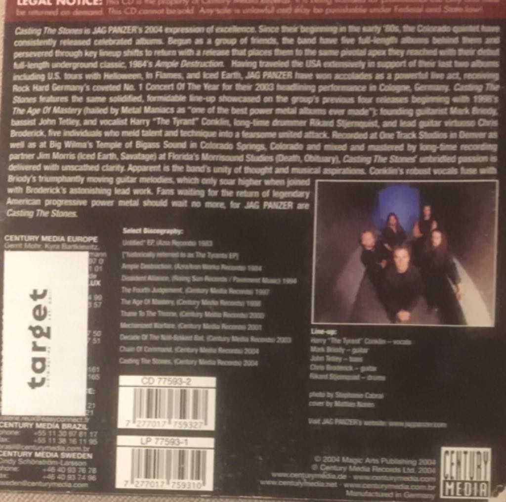 Casting the Stones - Jag Panzer (CD) music collectible [Barcode 7277017759327] - Main Image 2