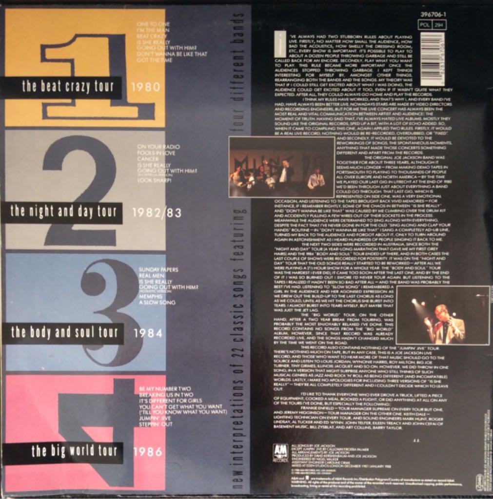 Live 1980 - 1986 Disc 1 - Joe Jackson (12”) music collectible [Barcode 075021670624] - Main Image 2