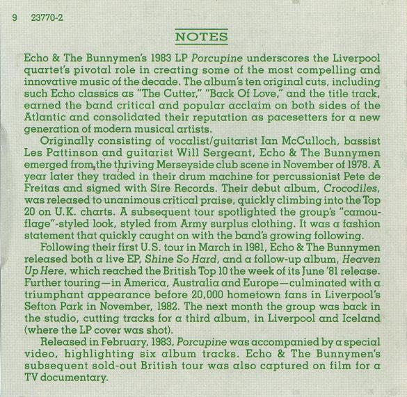 Porcupine - Echo & The Bunnymen (CD - 78) music collectible [Barcode 075992377027] - Main Image 4