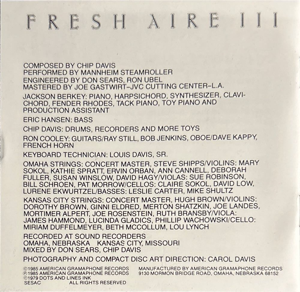 CD : Fresh Aire III - Summer - Mannheim Steamroller (HDCD - 34) music collectible [Barcode 012805500326] - Main Image 3