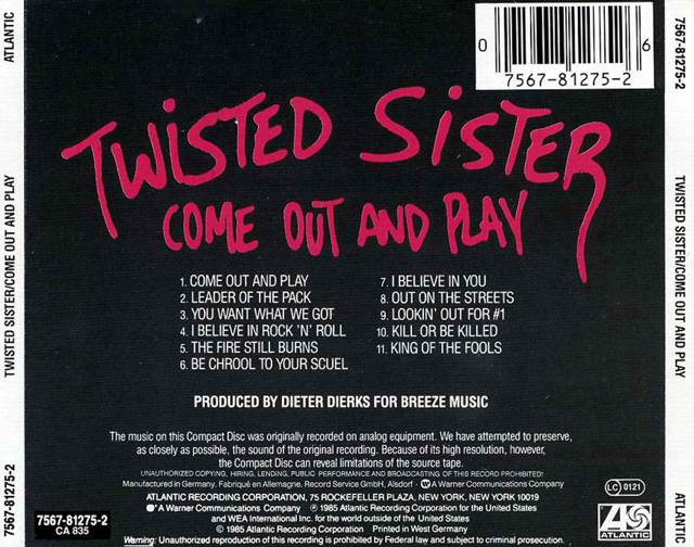 Come Out and Play - - Twisted Sister (CD - 39) music collectible [Barcode 075678127526] - Main Image 2