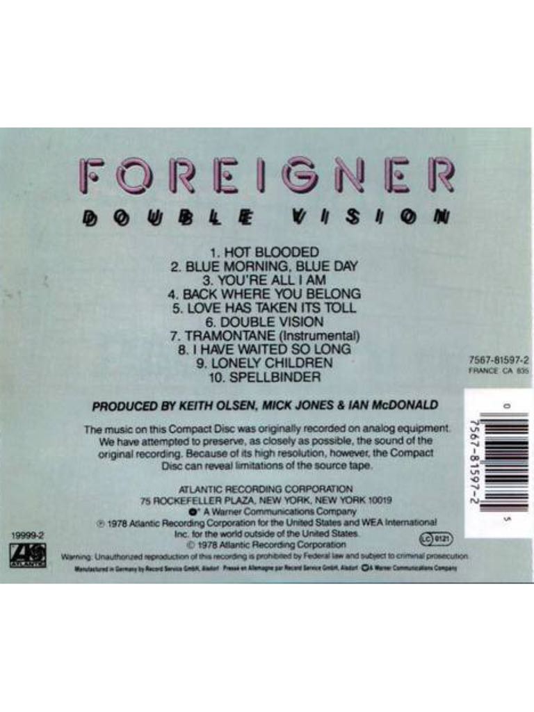 Double Vision - Foreigner (CD - 52) music collectible [Barcode 075678159725] - Main Image 2