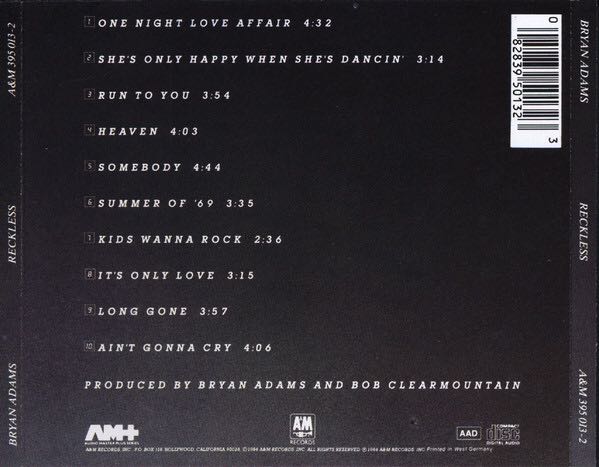 Reckless - Bryan Adams (CD - 38) music collectible [Barcode 082839501323] - Main Image 3