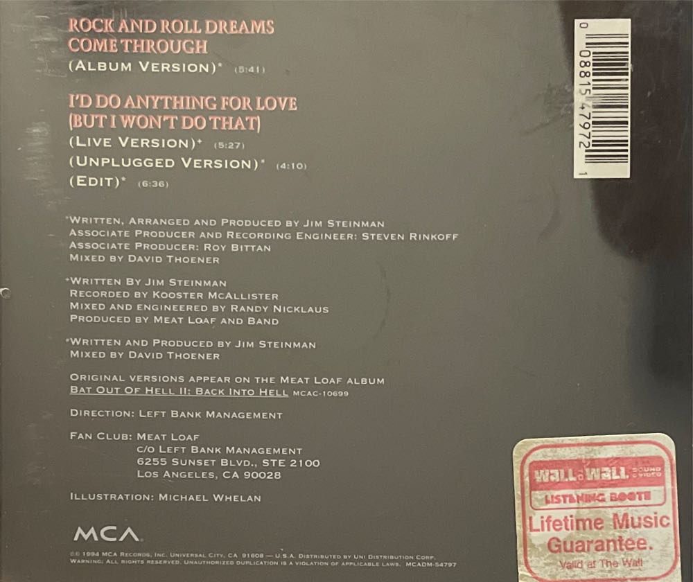 Single:  Rock And Roll Dreams Come Through - Meat Loaf (CD - 22) music collectible [Barcode 008815479721] - Main Image 2