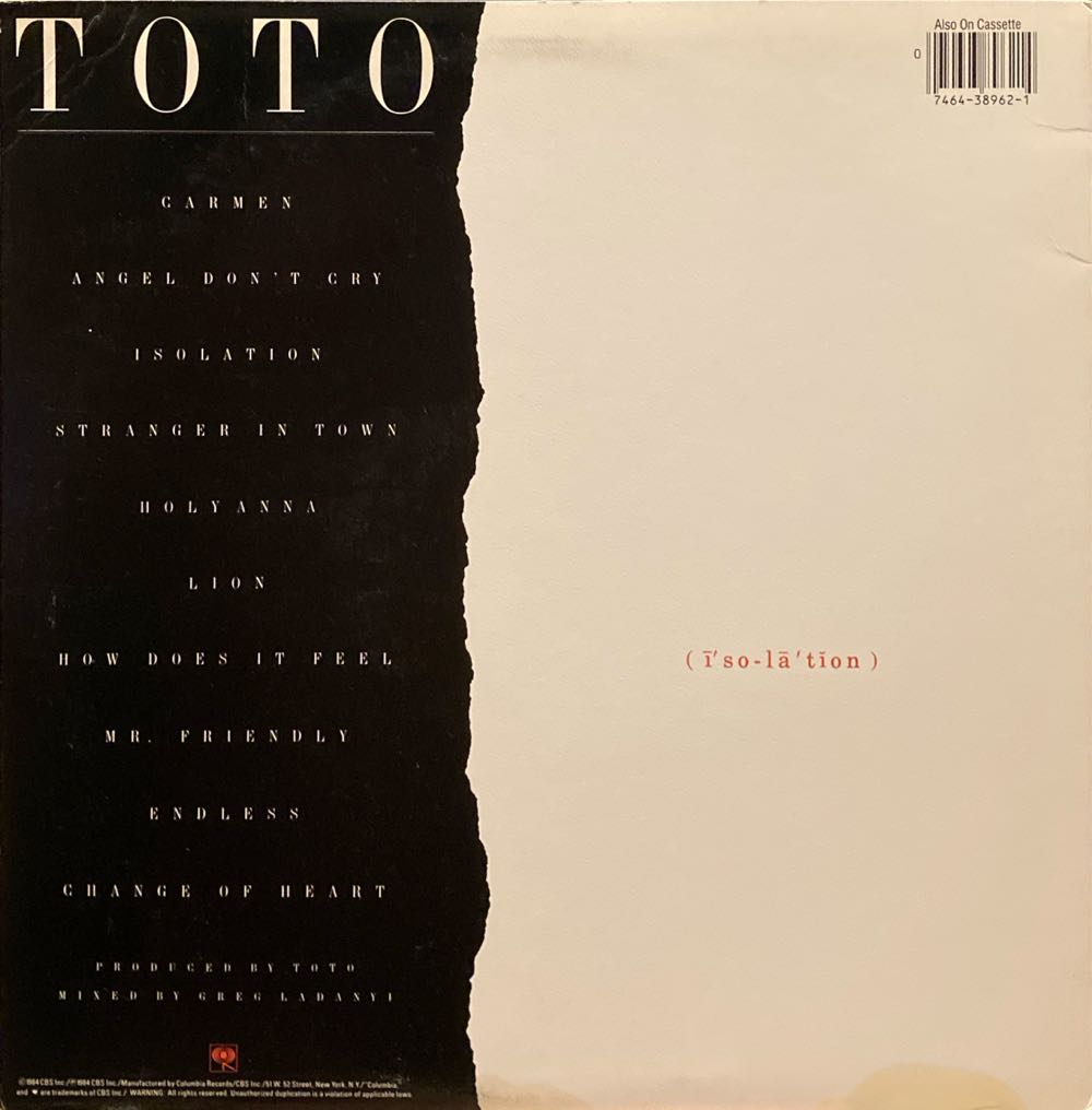Isolation - Toto (12” - 42) music collectible [Barcode 074643896214] - Main Image 2