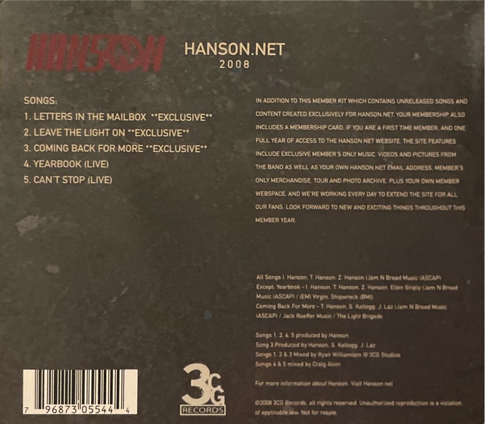 Hanson.net 2008 (Leave The Light On) - Hanson (CD) music collectible [Barcode 796873055444] - Main Image 4