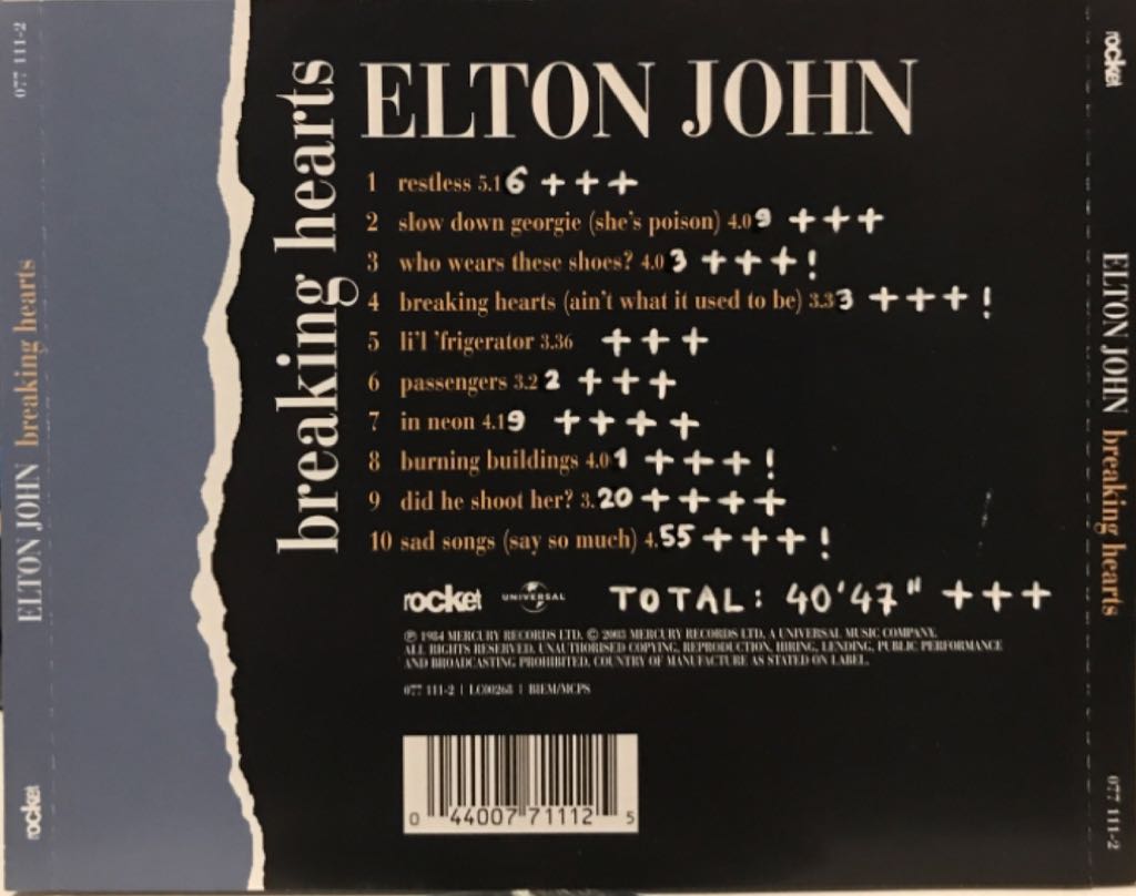 Breaking Hearts - Elton John (CD - 41) music collectible [Barcode 044007711125] - Main Image 2