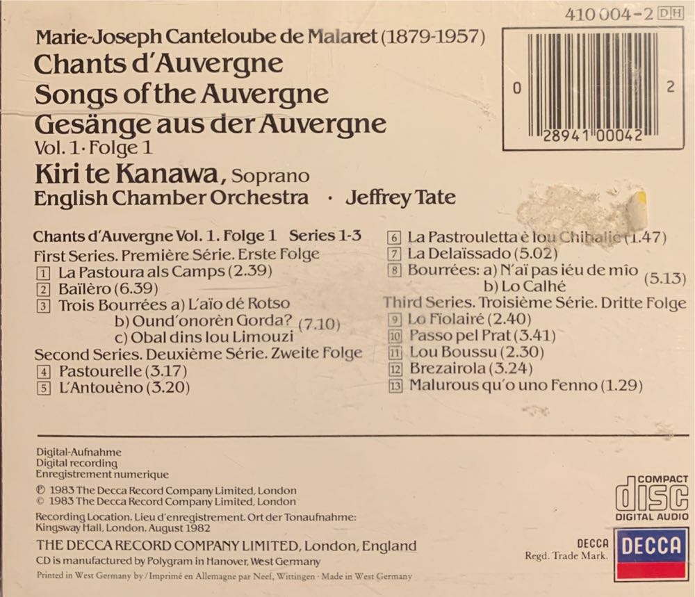 Canteloube: Songs Of The Auvergne / Chants D’Auvergne - Te Kanawa, Kiri (CD) music collectible [Barcode 028941000422] - Main Image 2