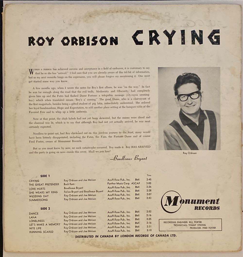 Crying - Orbison, Roy (12”) music collectible [Barcode 828768557426] - Main Image 2
