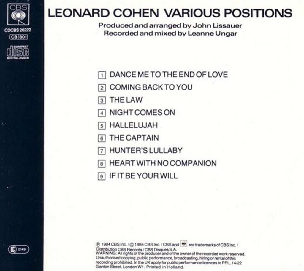 Various Positions - Leonard Cohen (CD) music collectible [Barcode 074649072827] - Main Image 2