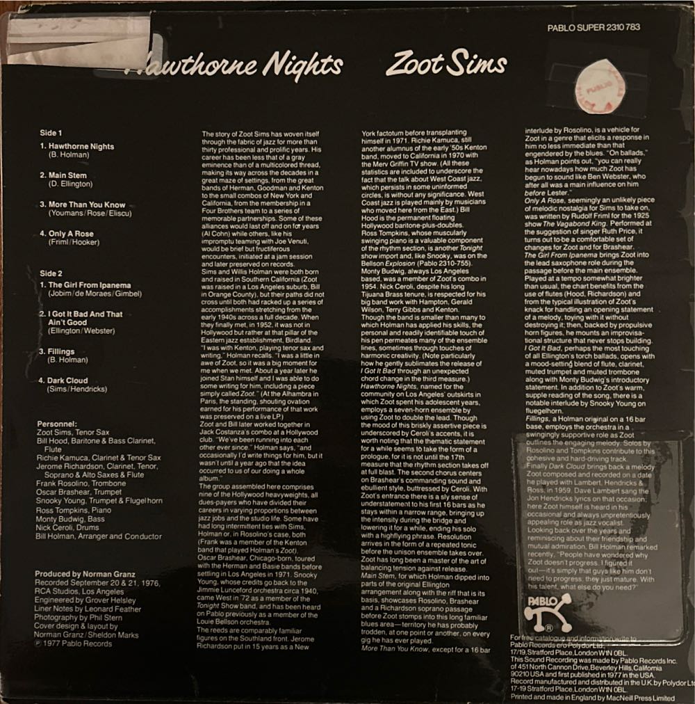 Hawthorne Nights - Zoot Sims (12”) music collectible [Barcode 025218683029] - Main Image 2