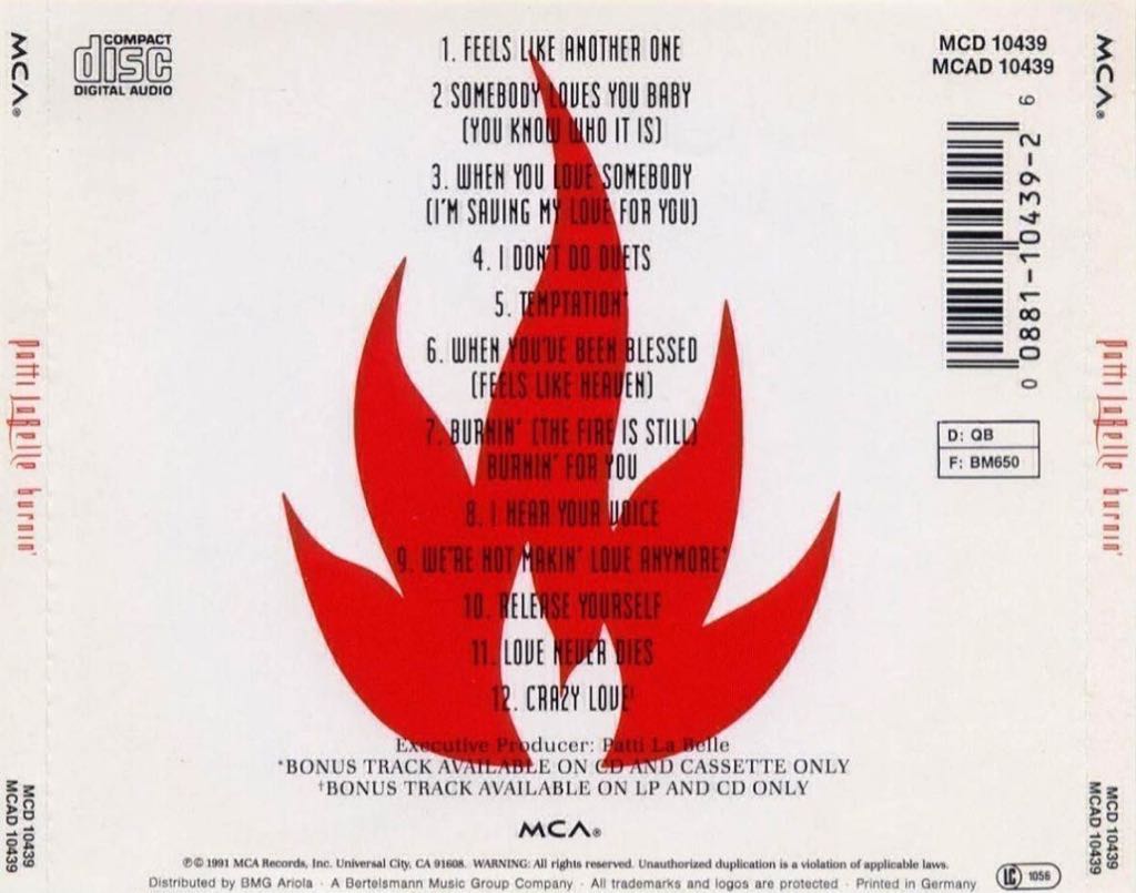 Burnin’ - Patti Labelle (CD) music collectible [Barcode 008811043926] - Main Image 2