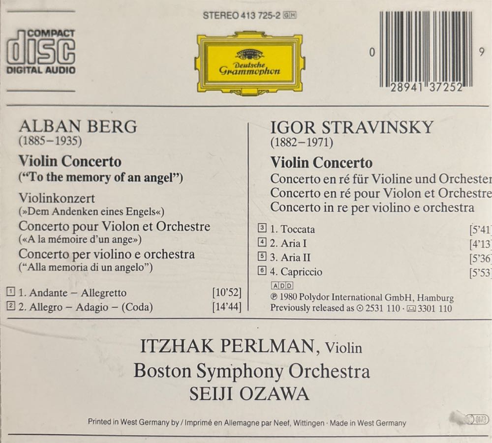 Berg / Stravinsky: Violin Voncertos (Itzhak Perlman, Boston SO, Seiji Ozawa) - Itzhak Perlman (CD) music collectible [Barcode 028941372529] - Main Image 2
