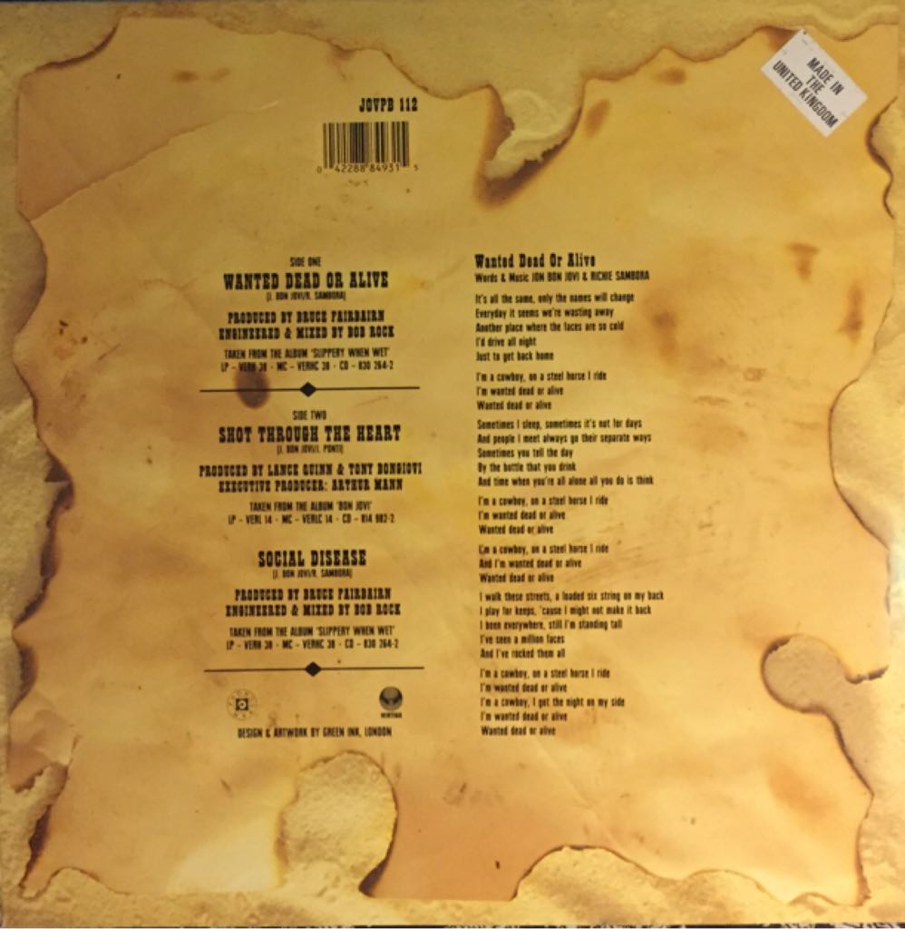 Wanted Dead Or Alive - Bon Jovi (12”) music collectible [Barcode 042288849315] - Main Image 2