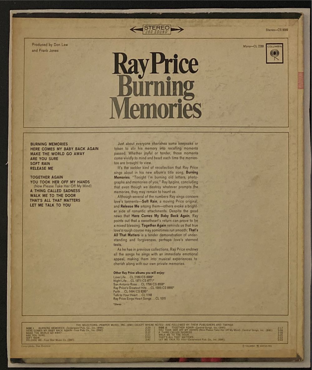 Burning Memories - Ray Price (12” - 32) music collectible - Main Image 2