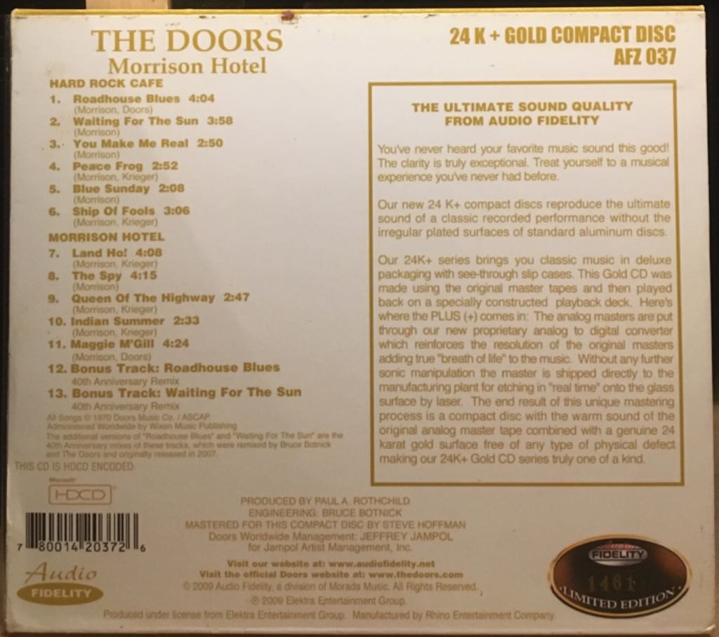 Morrison Hotel - Doors, The (CD - 46) music collectible [Barcode 780014203726] - Main Image 2