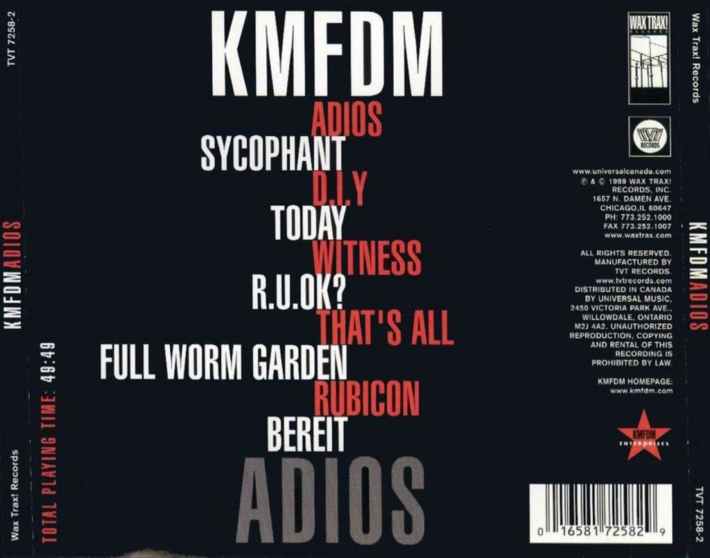 Adios - KMFDM (CD - 50) music collectible [Barcode 016581725829] - Main Image 2