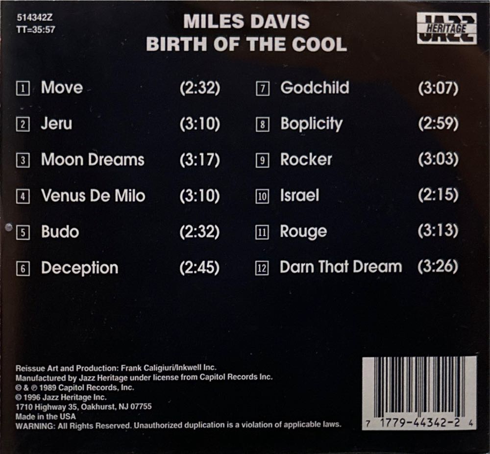 Birth Of The Cool - Davis, Miles (CD) music collectible [Barcode 717794434224] - Main Image 3
