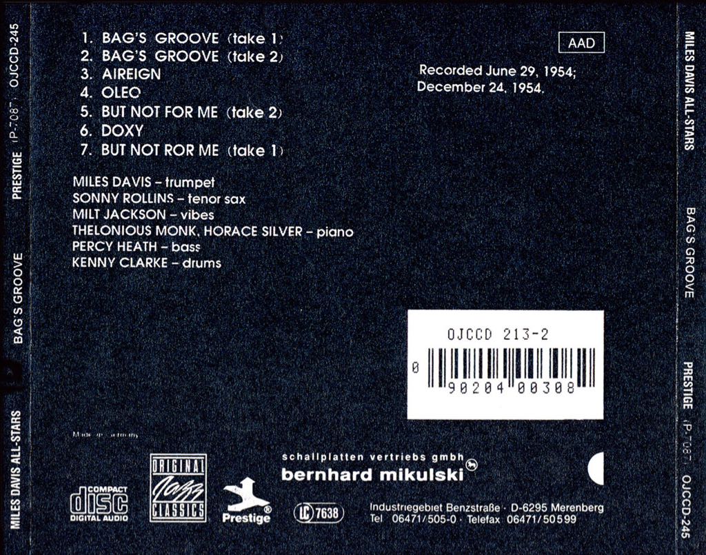 Bags Groove - Miles Davis (CD - 46) music collectible [Barcode 090204019656] - Main Image 2