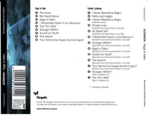 Rage In Eden - Ultravox (CD) music collectible [Barcode 5013136133820] - Main Image 2