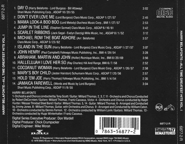 All Times Greatest Hits Vol. 1 - Belafonte, Harry (CD) music collectible [Barcode 078635687729] - Main Image 2