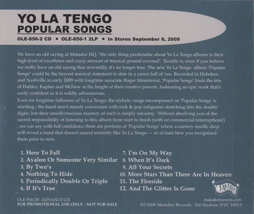 Popular Songs - Yo La Tengo (CD - 73) music collectible [Barcode 744861085621] - Main Image 2