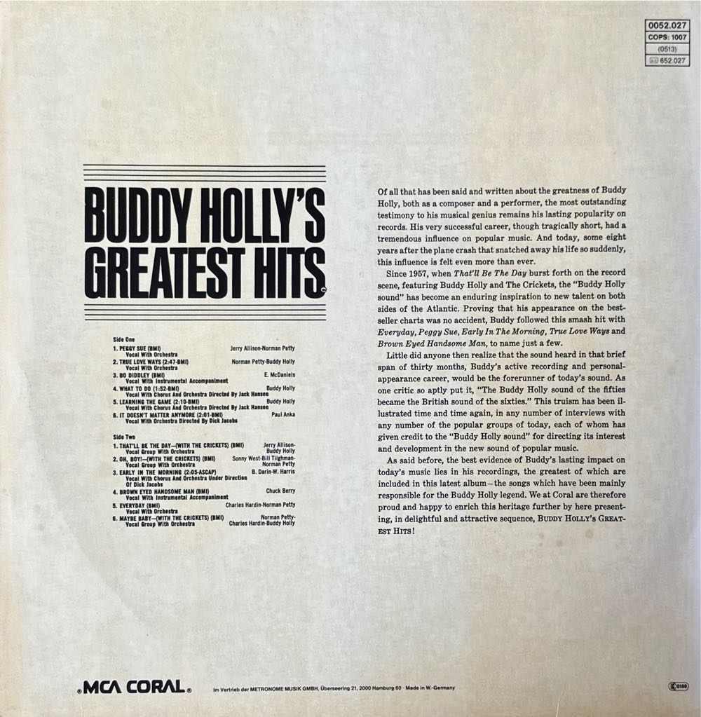 Buddy Holly’s Greatest Hits - Holly, Buddy (12”) music collectible - Main Image 2