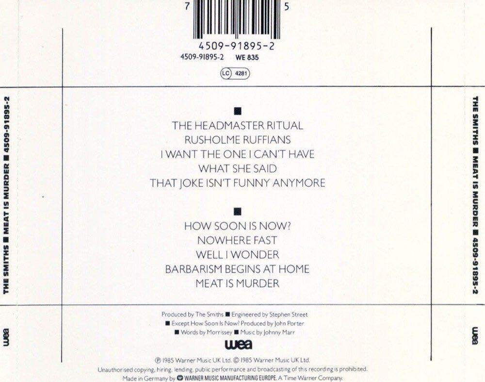 Meat Is Murder - The Smiths (CD - 46) music collectible [Barcode 745099189525] - Main Image 2