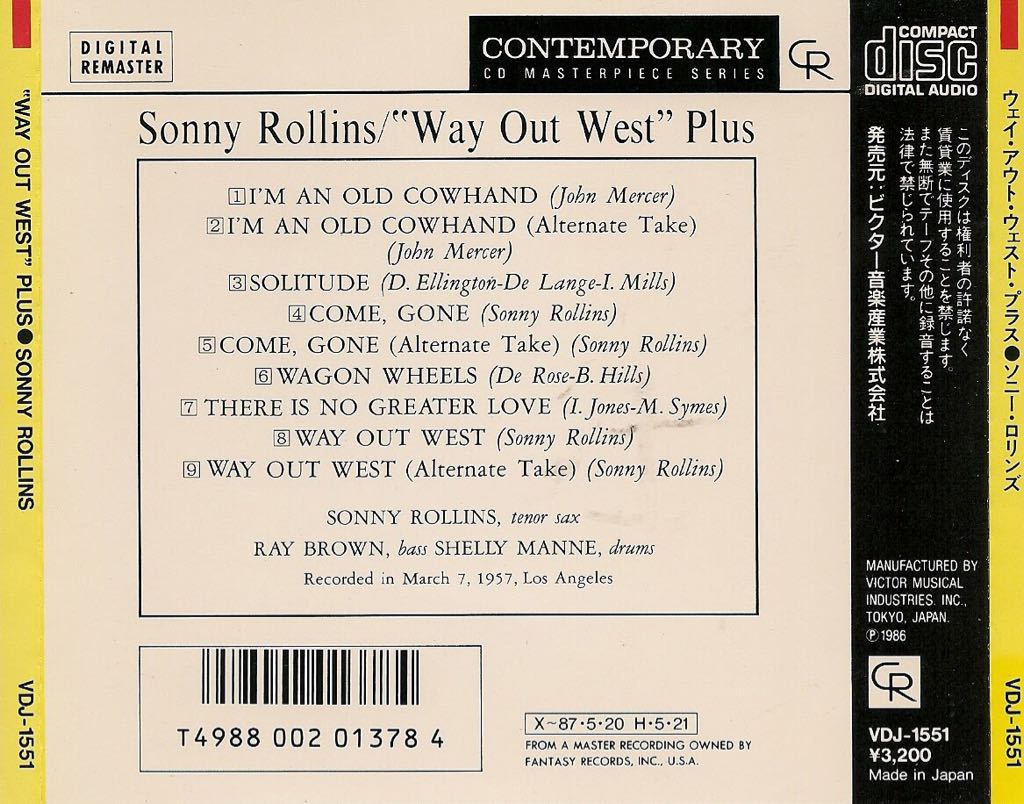 Way Out West - Rollins, Sonny (CD - 43) music collectible [Barcode 025218633727] - Main Image 2