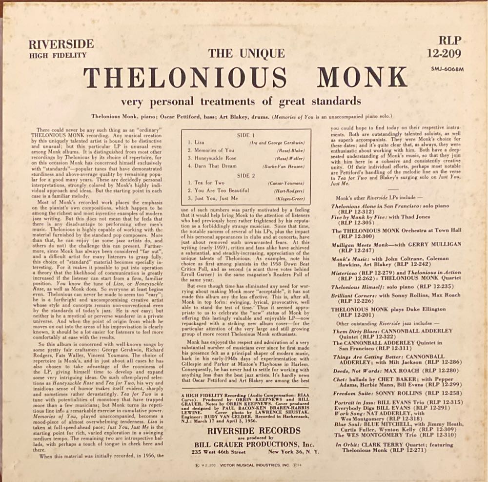 The Unique Thelonious Monk - Monk, Thelonious (12”) music collectible [Barcode 025218606417] - Main Image 2