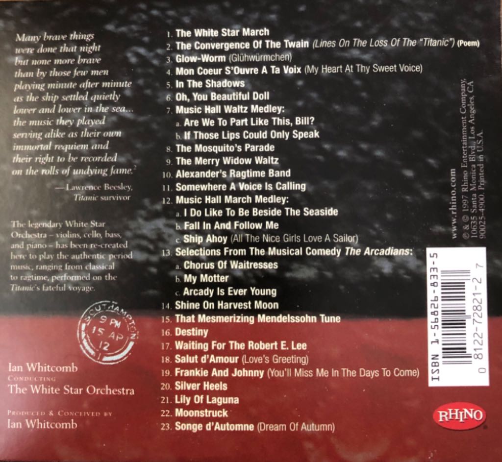 Titanic: Music As Heard On The Fateful Voyage - Soundtrack (CD) music collectible [Barcode 081227282127] - Main Image 2