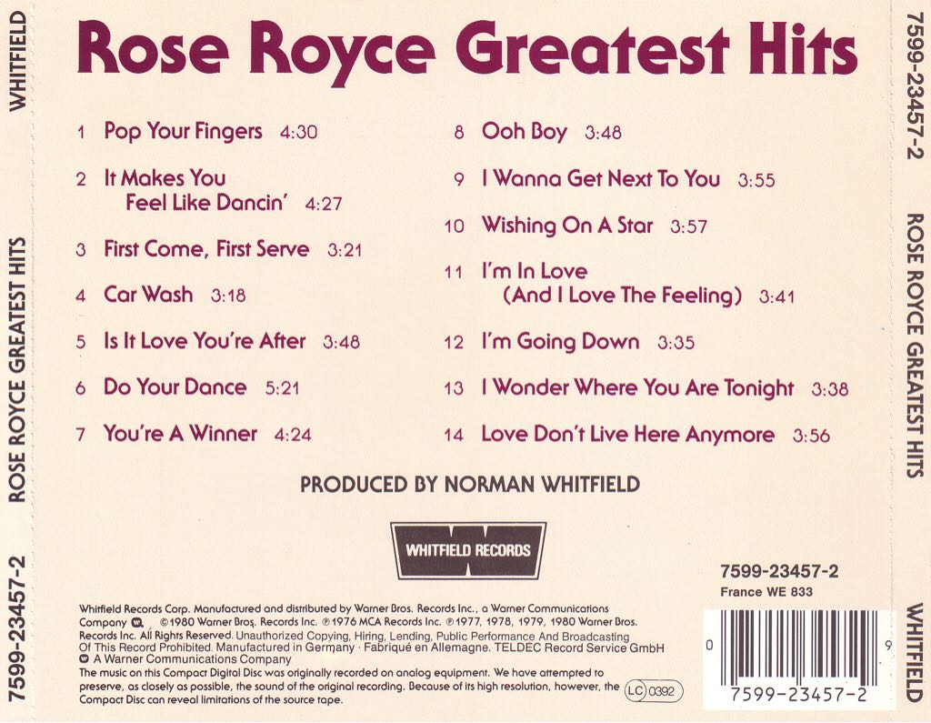Greatest Hits - Rose Royce (CD - 10000) music collectible [Barcode 075992345729] - Main Image 2