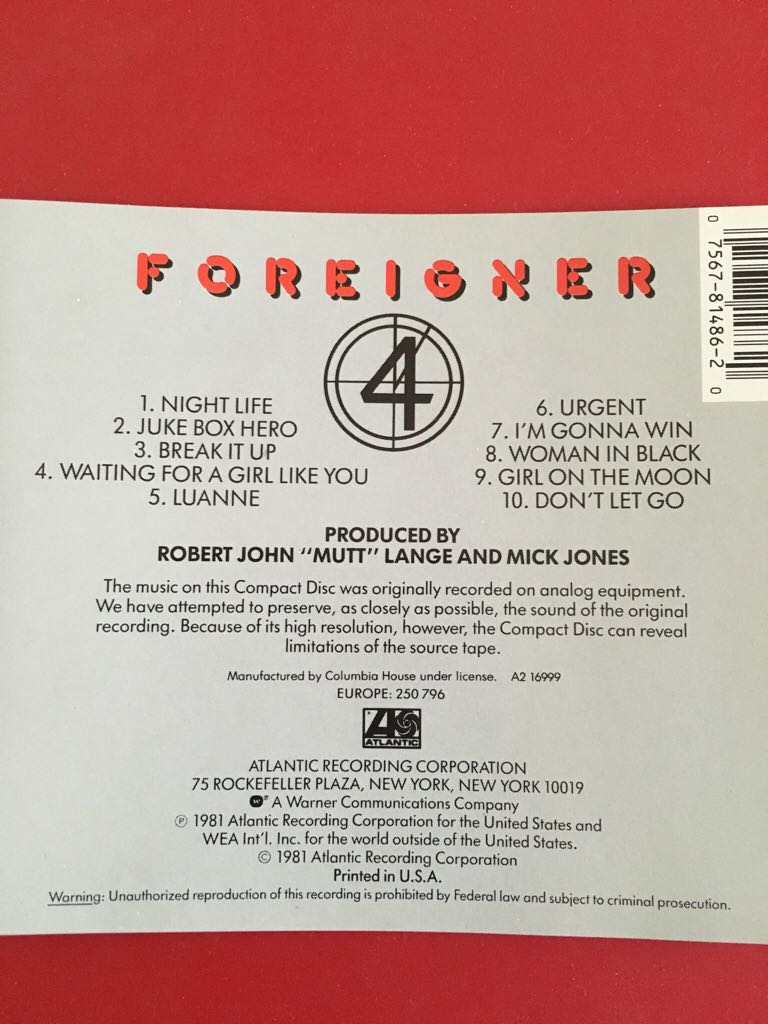 4 - Foreigner (CD - 42) music collectible [Barcode 075678148620] - Main Image 2