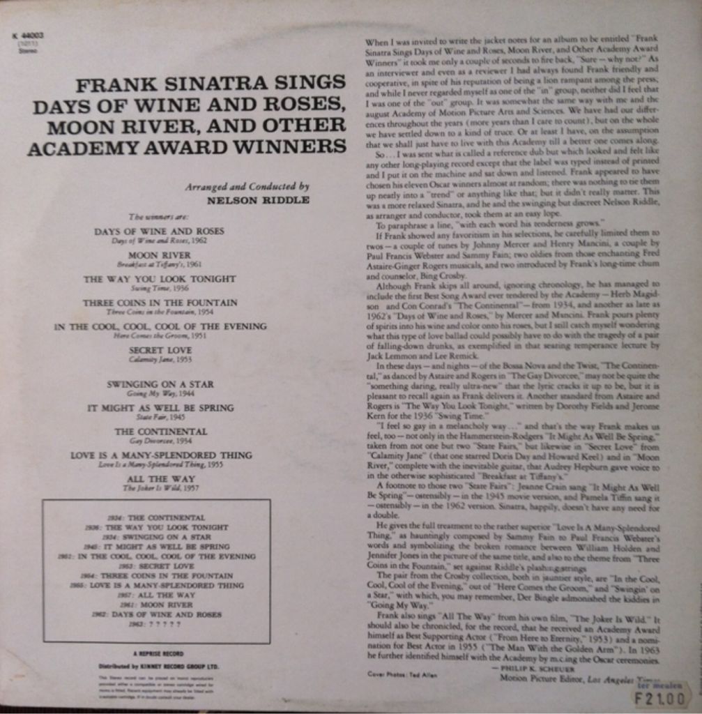 Days Of Wine And Roses - Sinatra, Frank (12”) music collectible - Main Image 2