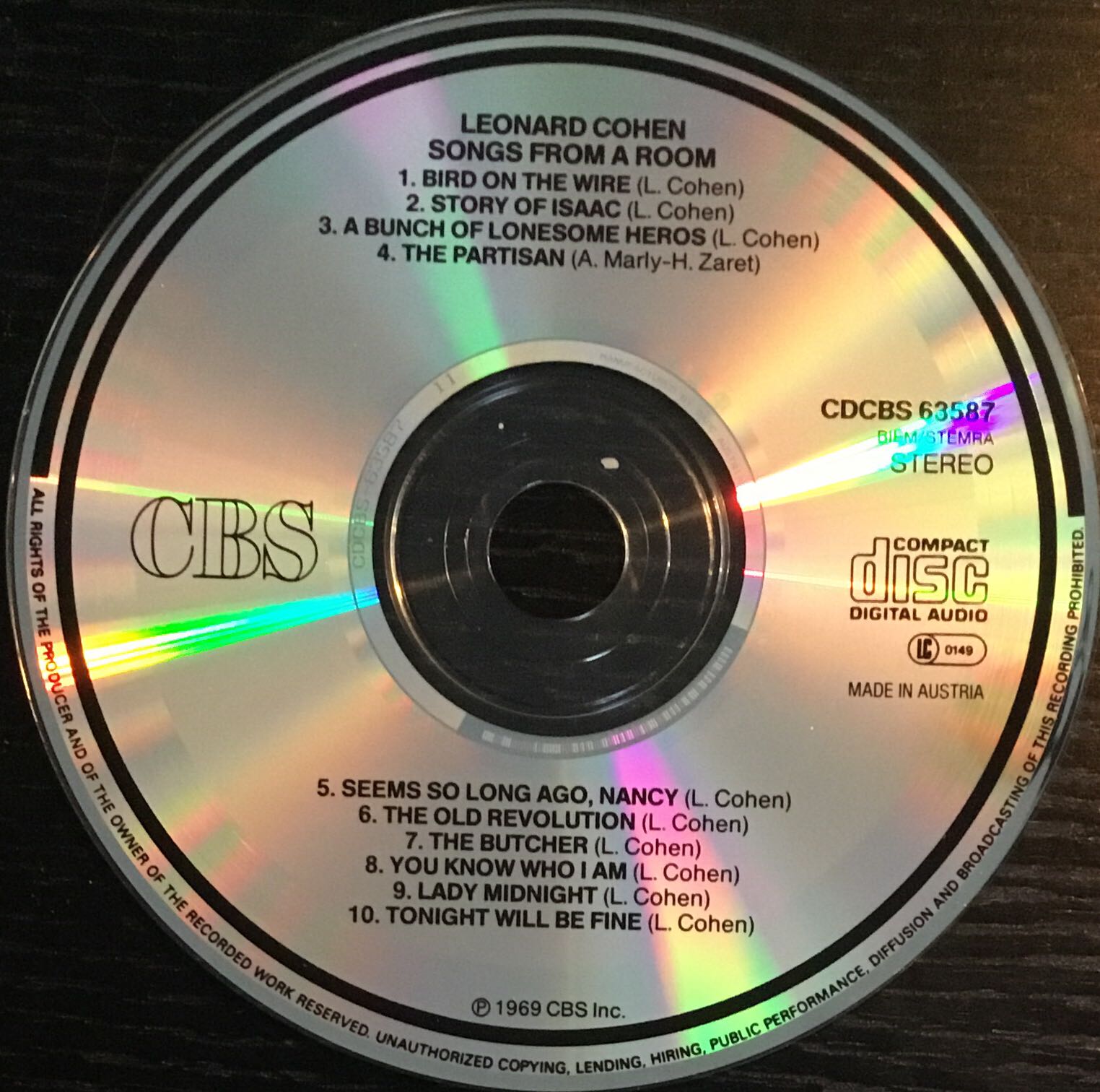 Songs From A Room - Cohen, Leonard (CD - 42) music collectible [Barcode 5099706358725] - Main Image 4