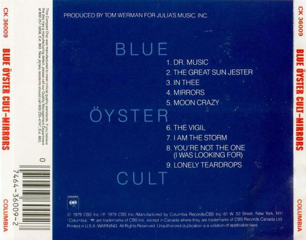 Mirrors - Blue Öyster Cult ‎ (CD - 36:34) music collectible [Barcode 074643600927] - Main Image 2