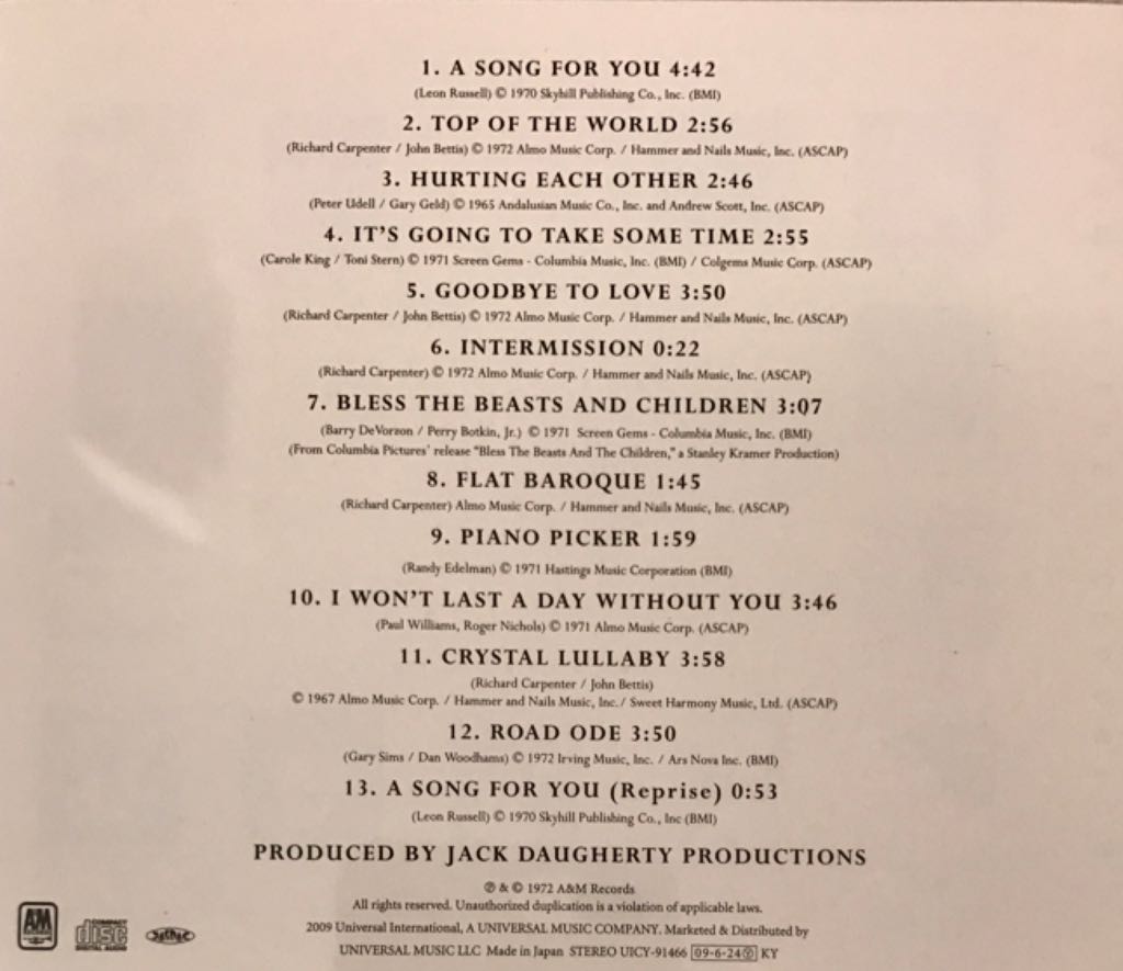 A Song For You - Carpenters music collectible - Main Image 2