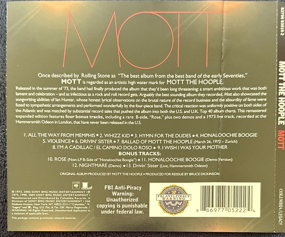 Mott (Expanded Edition) - Mott The Hoople (CD - 58) music collectible [Barcode 886977052224] - Main Image 2