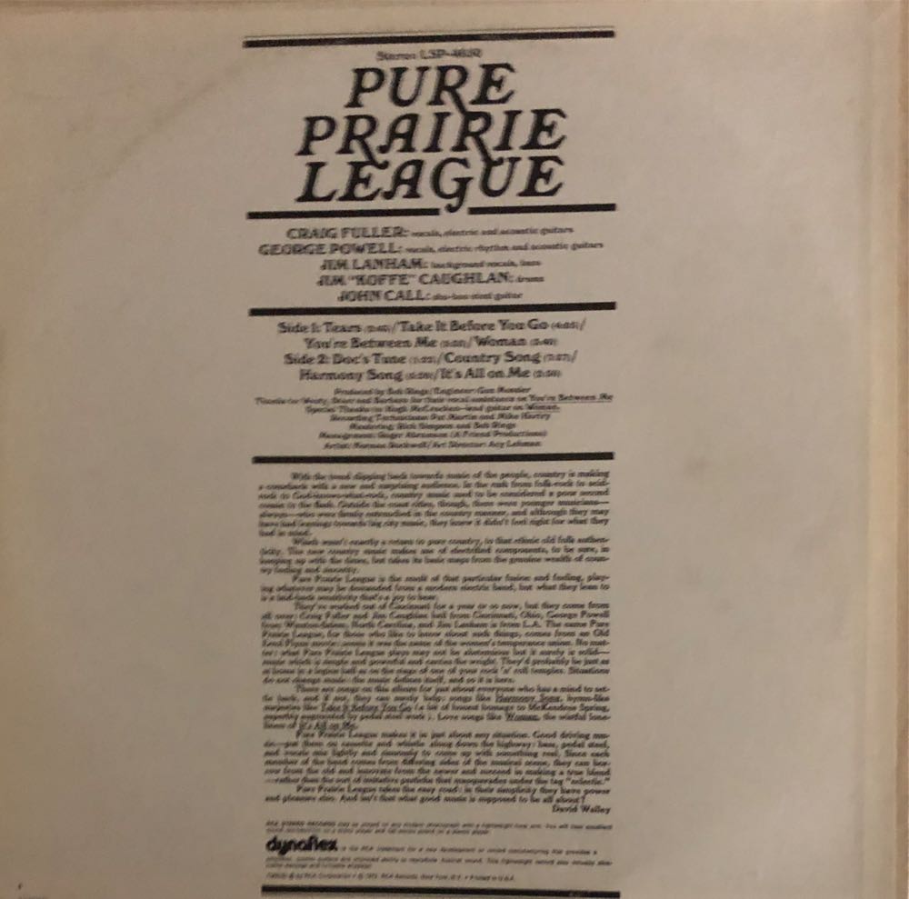 Pure Prairie League - Pure Prairie League (12” - 33) music collectible - Main Image 2