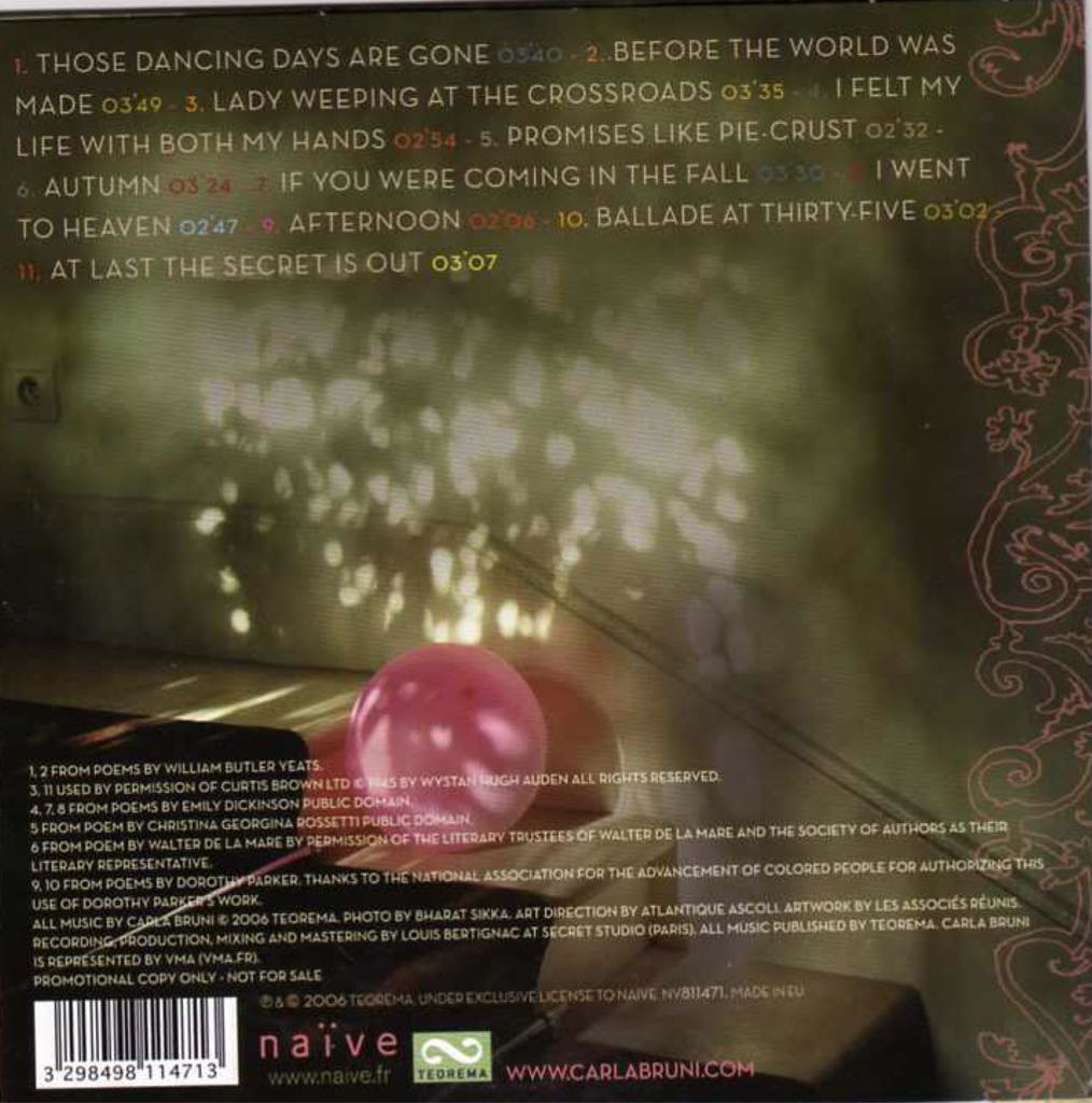No Promises - Carla Bruni (CD) music collectible [Barcode 3298498114126] - Main Image 2