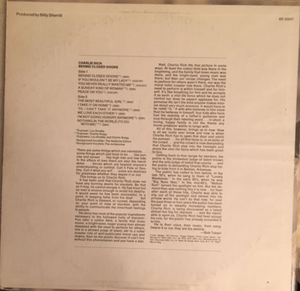 Behind Closed Doors - Rich, Charlie (12”) music collectible - Main Image 2