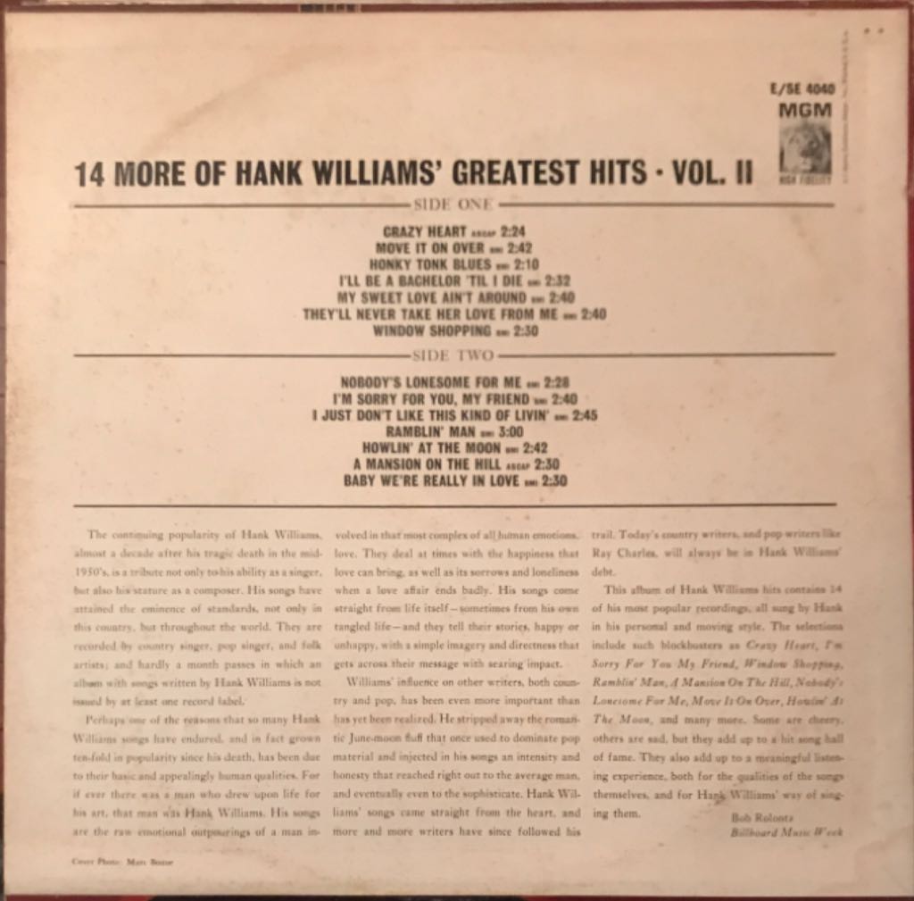 14 More Of Hank Williams’ Greatest Hits, Vol. II - Hank Williams (12”) music collectible - Main Image 2