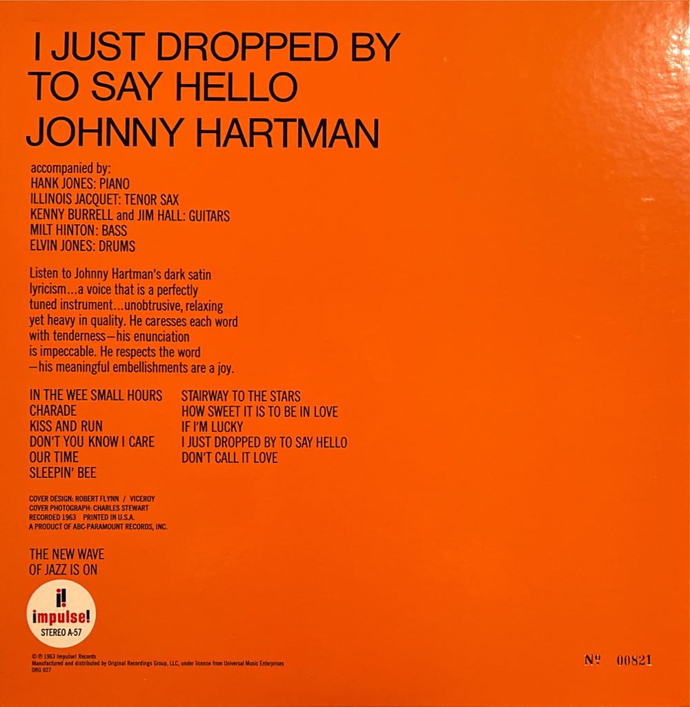 I Just Dropped By To Say Hello - Johnny Hartman (CD - 33:09) music collectible [Barcode 011105017626] - Main Image 2
