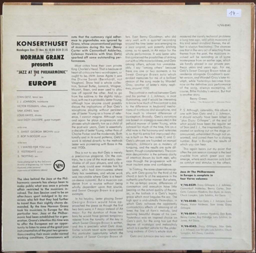 Norman Granz Presents ” Jazz At The Philharmonic” In Europe - Gillespie, Dizzy; Stan Getz; various (12”) music collectible - Main Image 2