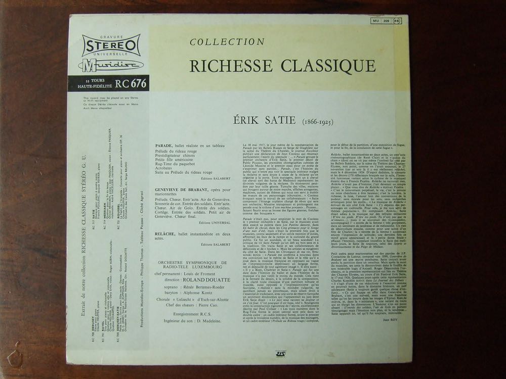 Satie, Erik Parade Geneviève De Brabant Relache - Satie, Eric (1866-1925) (12” - 45) music collectible - Main Image 2